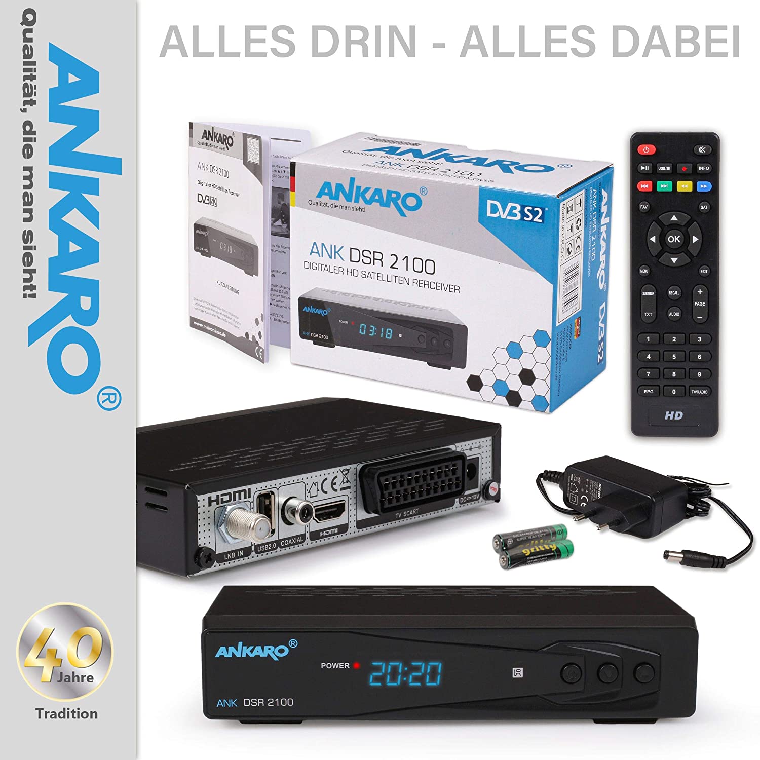 Ankaro DSR 2100 Plus HD HDTV digitaler Satelliten-Receiver (HDTV, DVB-S/S2, SAT, HDMI, SCART, 1x USB 2.0, Easyfind, Full HD 1080p) [vorprogrammiert für Astra Hotbird]  – schwarz