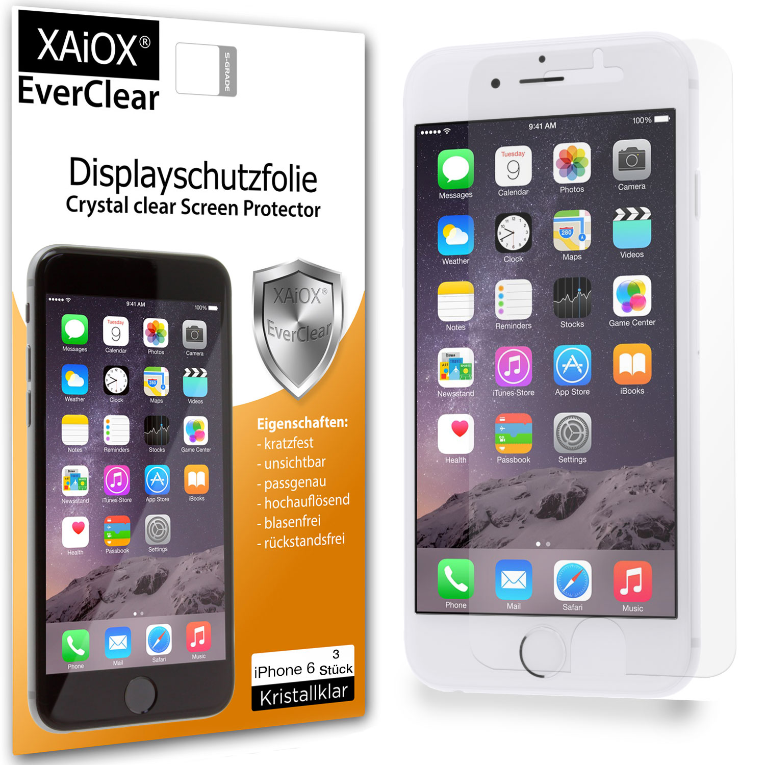 1x XAiOX Everclear Displayschutzfolie für iPhone 6 (3er Set)