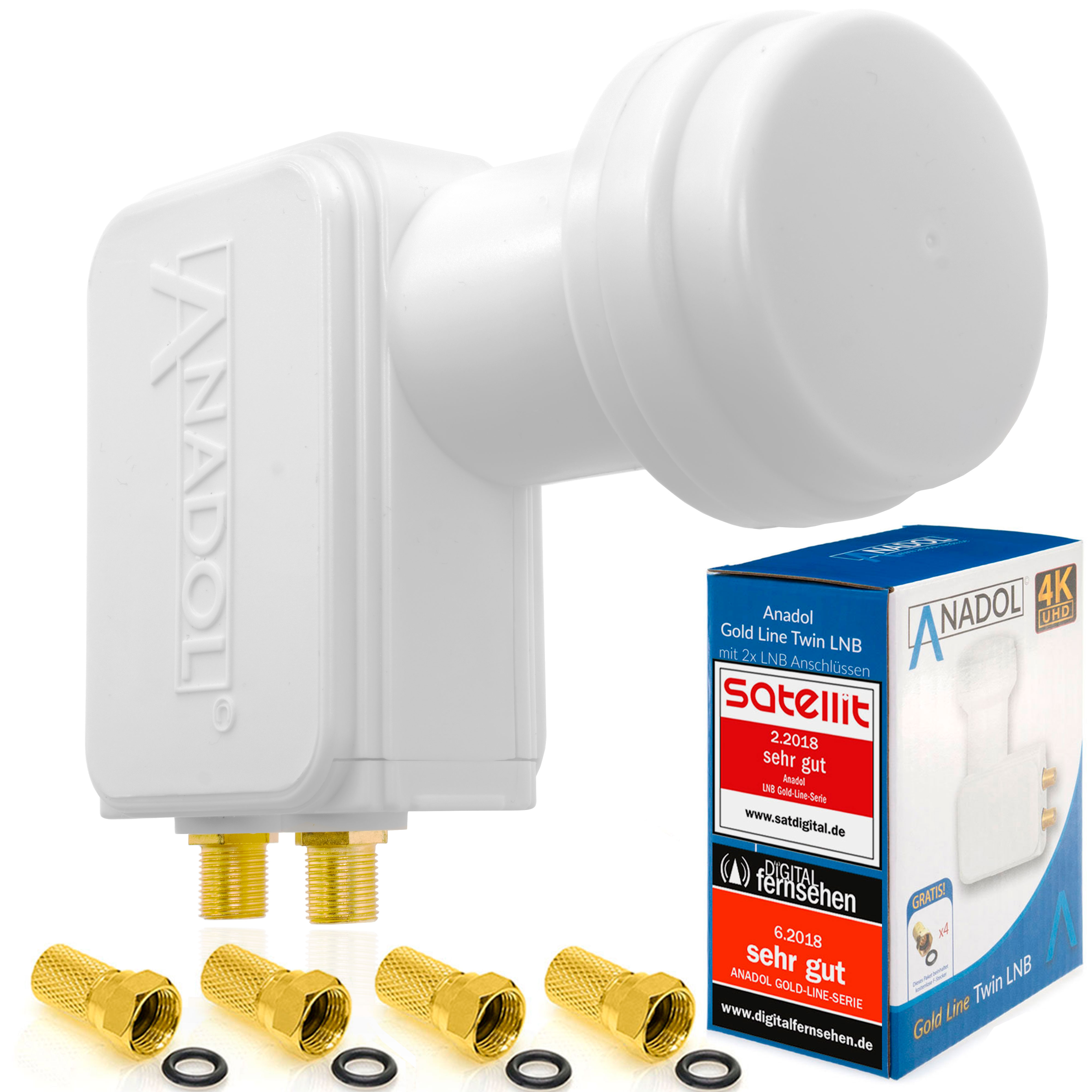 Anadol Gold Line TWIN LNB Digital 4K 0.1dB für 2 Teilnehmer Direkt Anschluss Dual 2fach FULL HD TV 3D 4K + Kontakte vergoldet + Wetterschutz (ausziehbar) im SET mit 4 F-Stecker vergoldet GRATIS