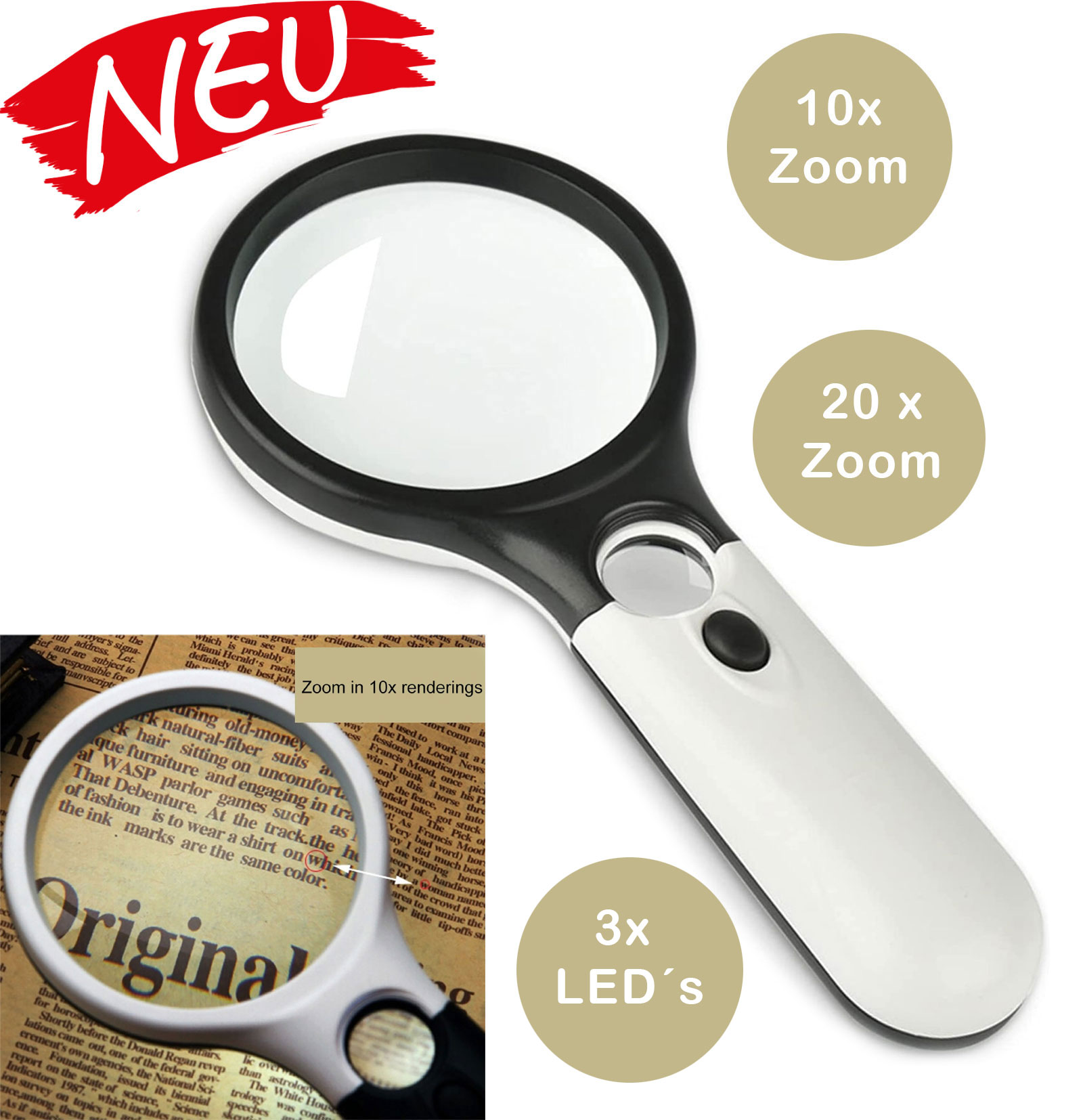 XAiOX® 3 fach LED Lupe Leselupe 10-20 fach Vergrößerungsglas Juwelierlupe