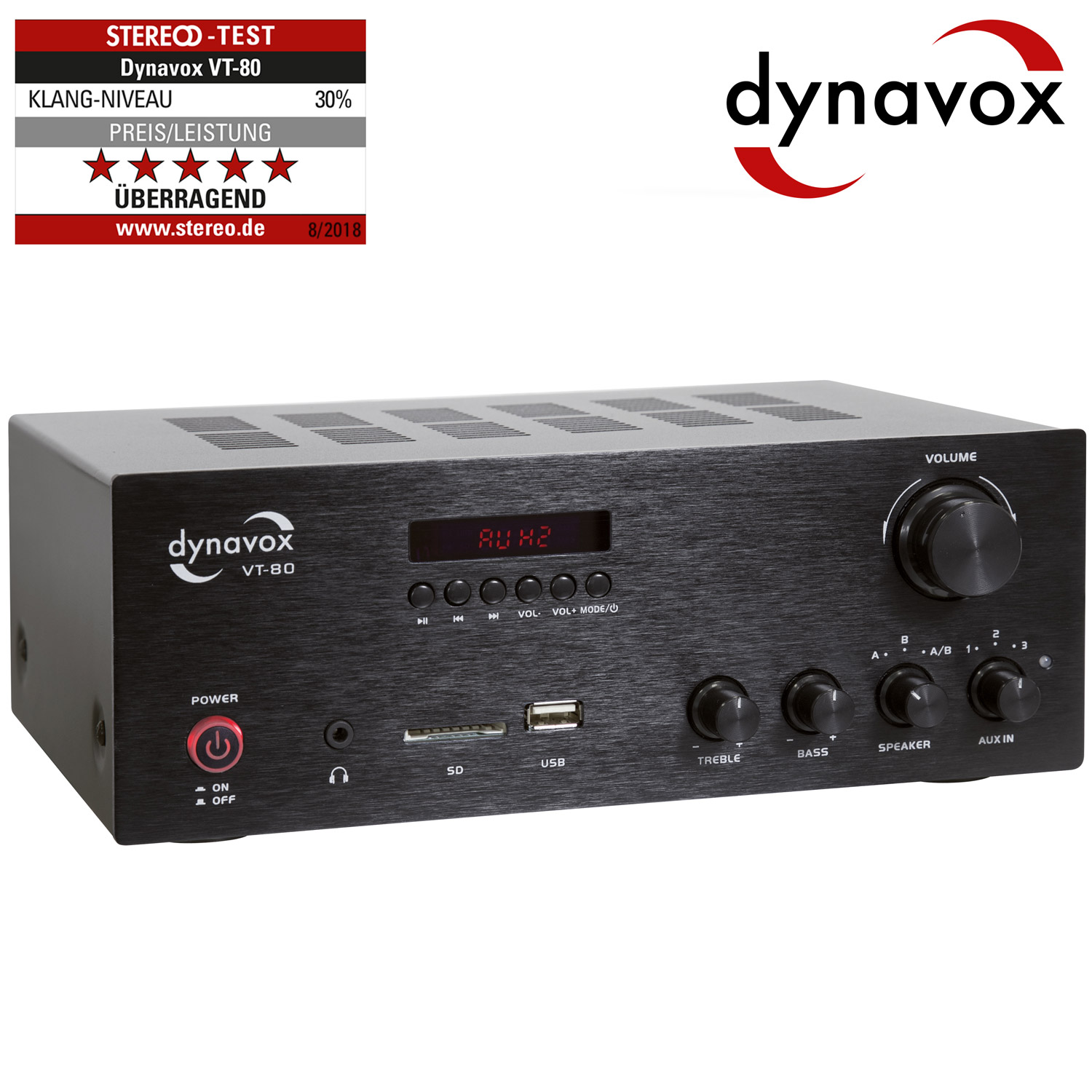 Dynavox Stereo Kompakt-Verstärker VT-80 schwarz, schraubbare Anschluss-Terminals für 4 Lautsprecher, Fernbedienung für Digital-Eingänge (USB, SD-Card), integrierte BT-Antenne