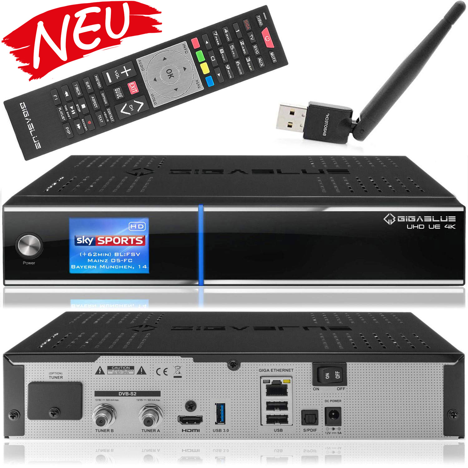 Gigablue UHD UE 4K 1xDVB-C2 & 2xDVB-S2 inkl. Wlan stick + 1000GB HDD