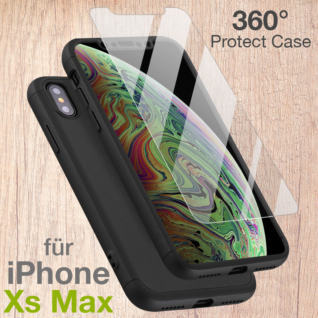 iPhone Xs Max 360° Full Cover Schutzhülle mit Schutzglas schwarz