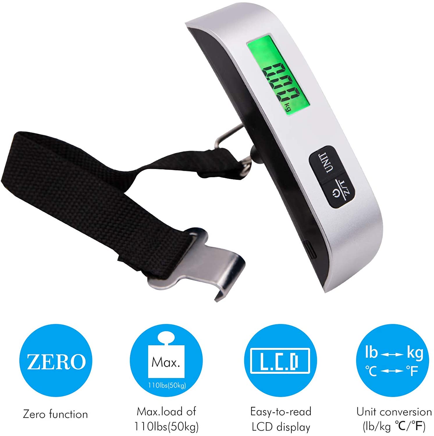 Digitale Kofferwaage Waage Gepäckwaage Hängewaage Handwaage mit Temperatursensor und Tarierung Kofferwage für Reisen Freien Hausgebrauch 50KG / 110 lb