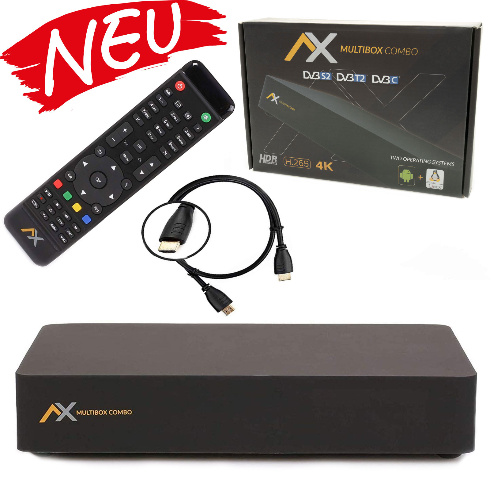 AX Multibox 4K UHD E2 Linux Combo Sat- Kabel- DVB-T2 Receiver