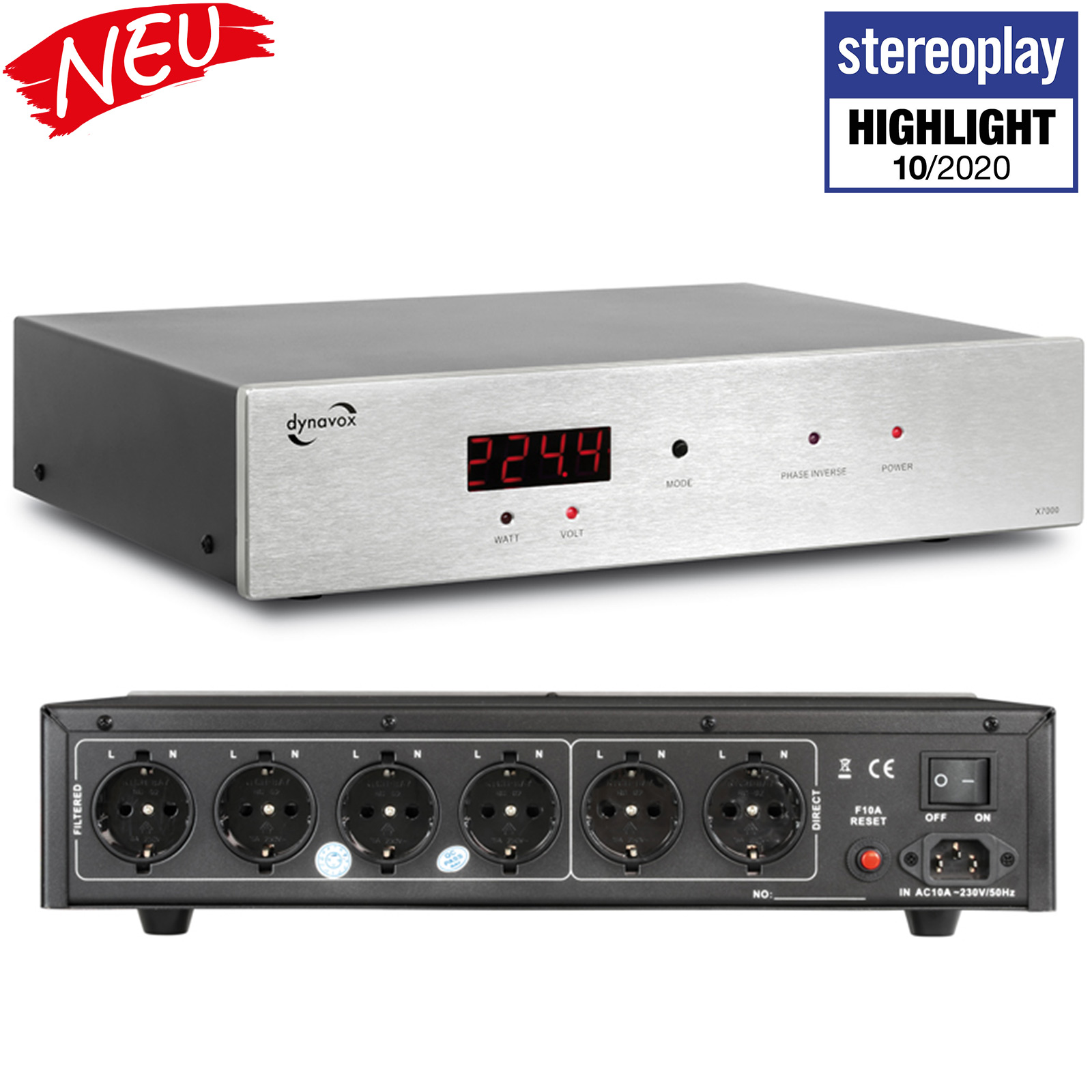 BWARE - Dynavox HiFi-Netzfilter X7000S Mehrfach-Steckdose mit 6 Steckplätzen silber