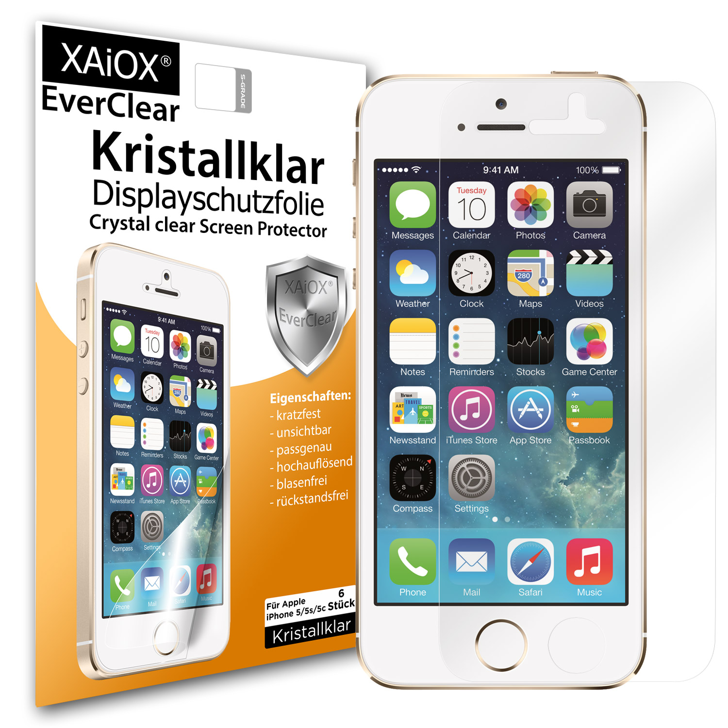 1 x XAiOX Everclear Displayschutzfolie für iPhone 5s 5c 5 (6er Set)