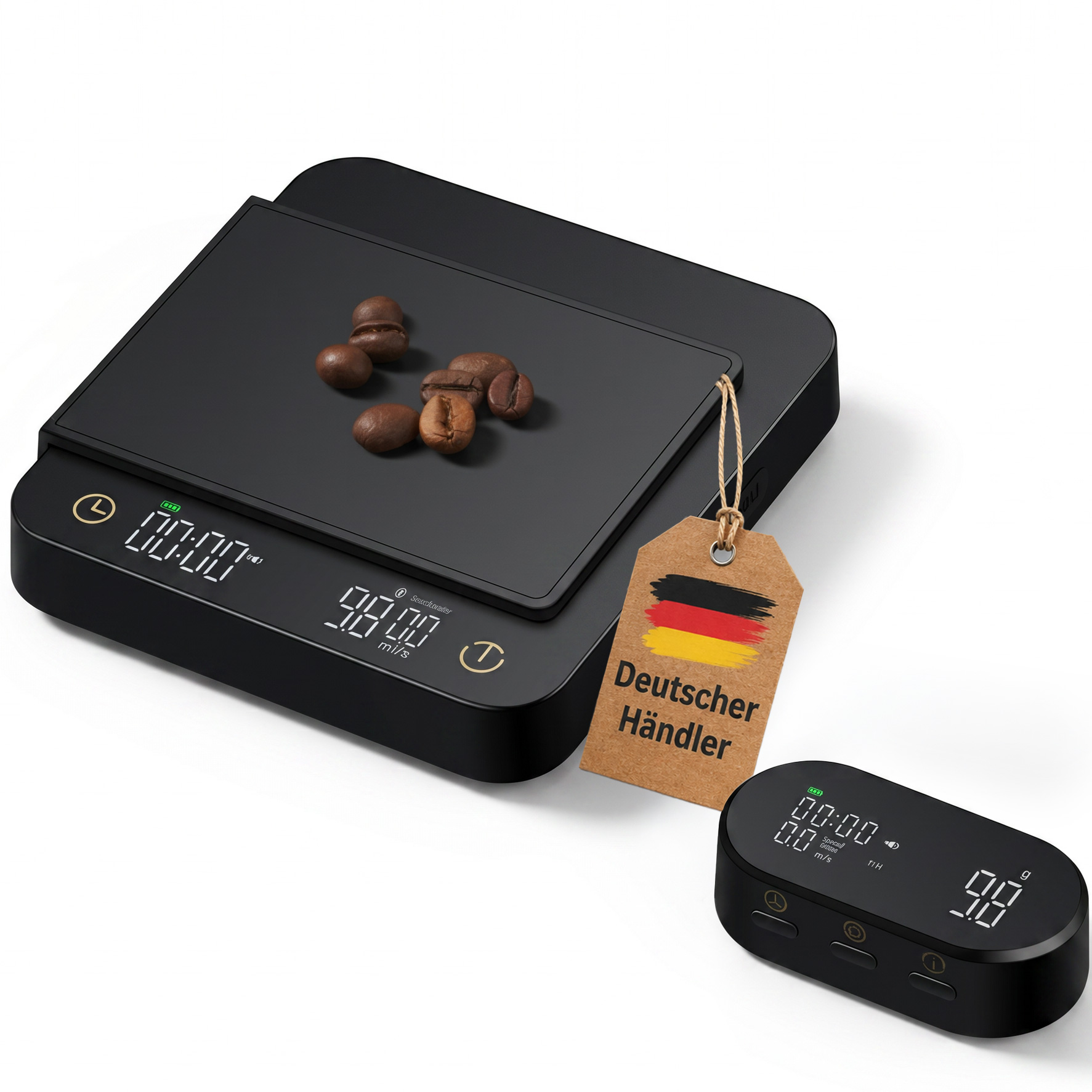 Premium Kaffeewaage mit abnehmbarem Funk-Display & Timer – Präzise Espressowaage 0,1g / 3kg mit Flussraten-Anzeige, 5 Brühmodi & Silikonmatte für Siebträger, Barista & Filterkaffee