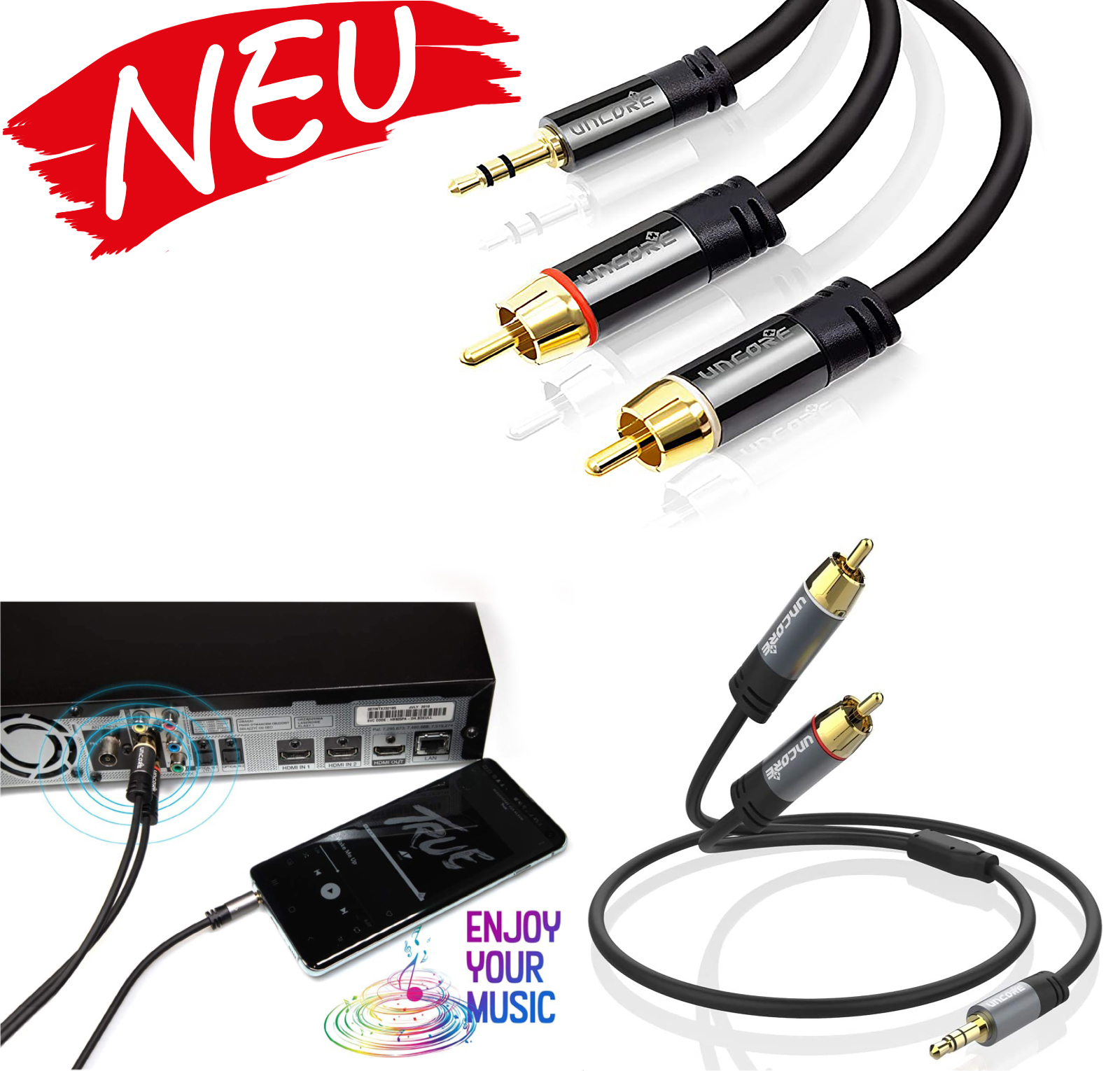 Uncorex  Cinch Kabel 3,5mm Klinke auf 2X RCA Chinch Stecker Y Splitter Cinch auf Klinke Stereo Audio Aux Kabel (24K Vergoldet) - 1M