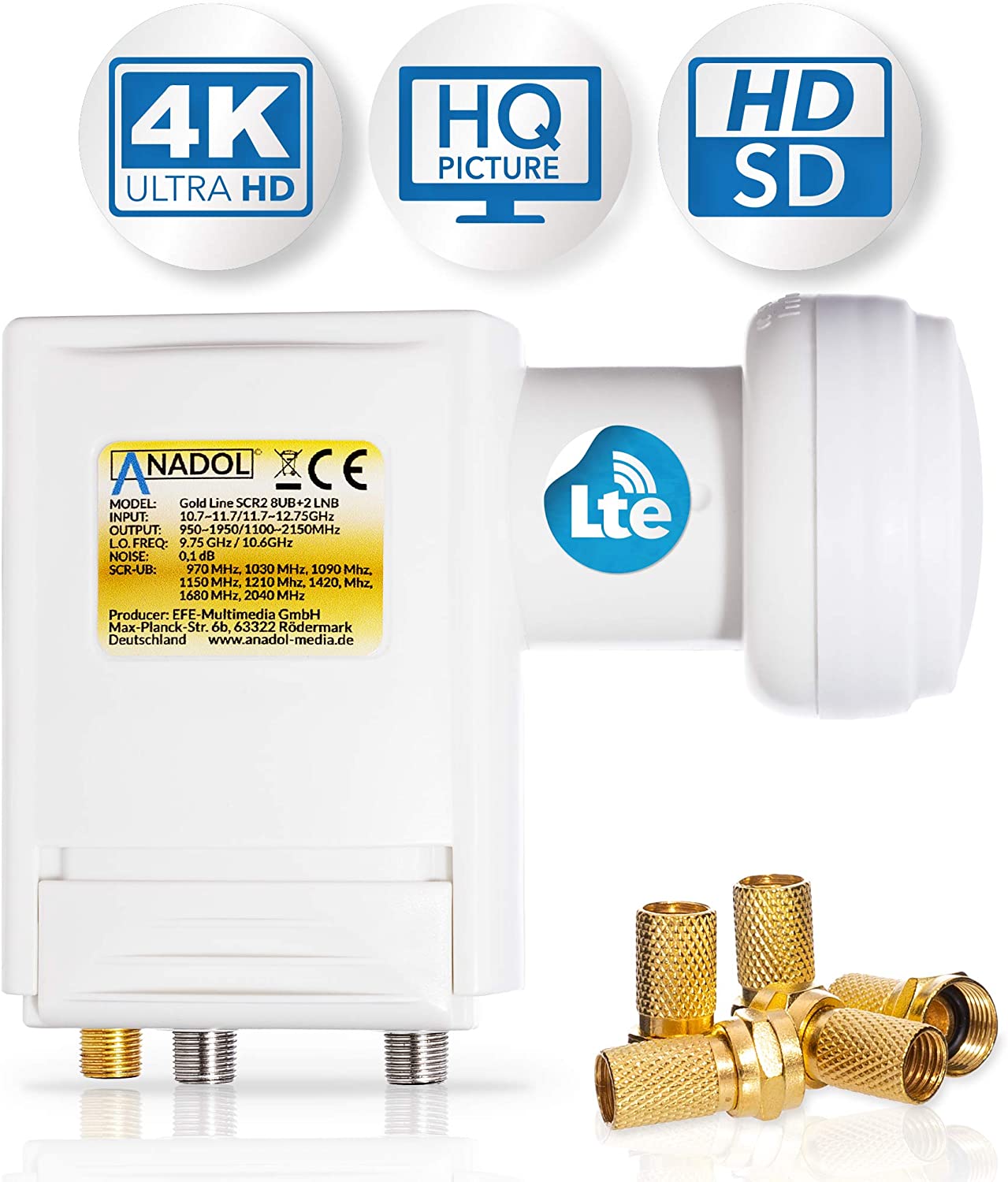 Anadol Premium Unicable LNB-Unikabel 8 für Satellit + 2 Legacy 40mm für HD HDTV - LTE abgeschirmt - für 10 Teilnehmer - 0,1dB Rauschmaß 2 SCR 2 - digital-LNB Wetterschutz