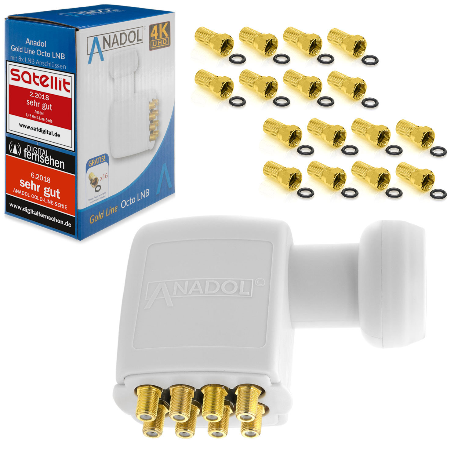 Anadol Gold Line OCTO LNB 4K LNC 8 Teilnehmer 0.1dB Direkt 8fach FULL HD TV 3D 4K + Kontakte vergoldet + Wetterschutz (ausziehbar) im SET mit 16 F-Stecker vergoldet GRATIS