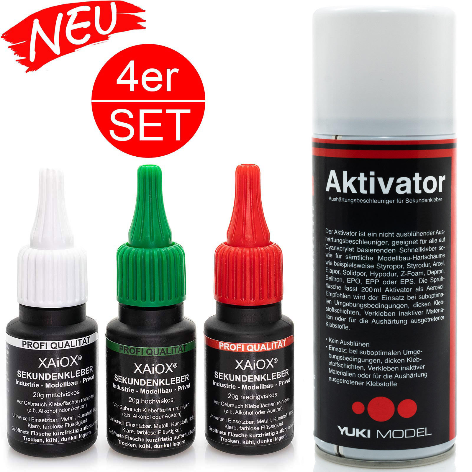 Profi 4er Set - 3x Sekundenkleber dünnflüssig, mittelflüssig, dickflüssig je 20g extrem stark mit Patent-Verschluss + Aktivator Spray