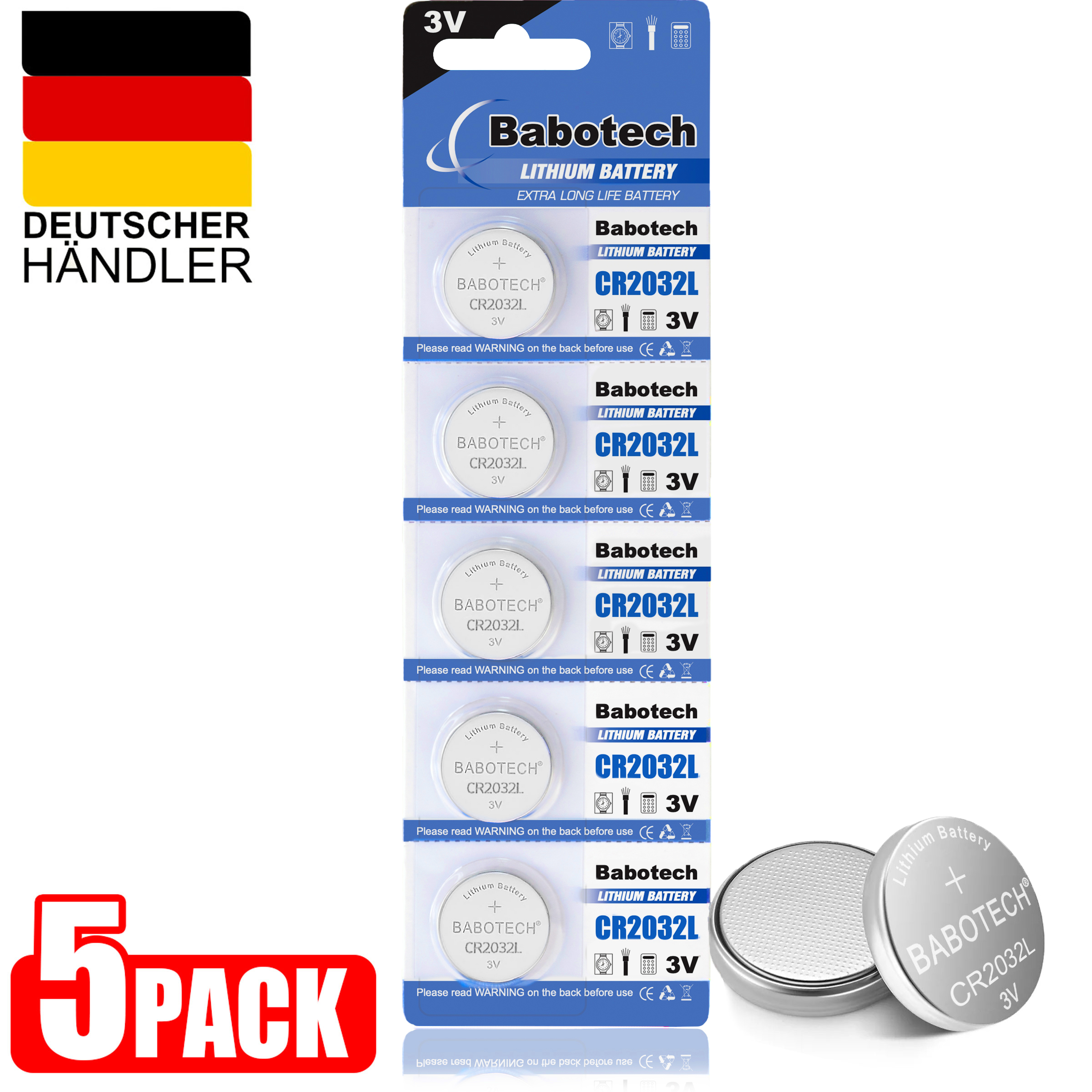 5x Babotech Lithium Knopfzellen CR 2032 Batterien CR2032 3V im Display NEU