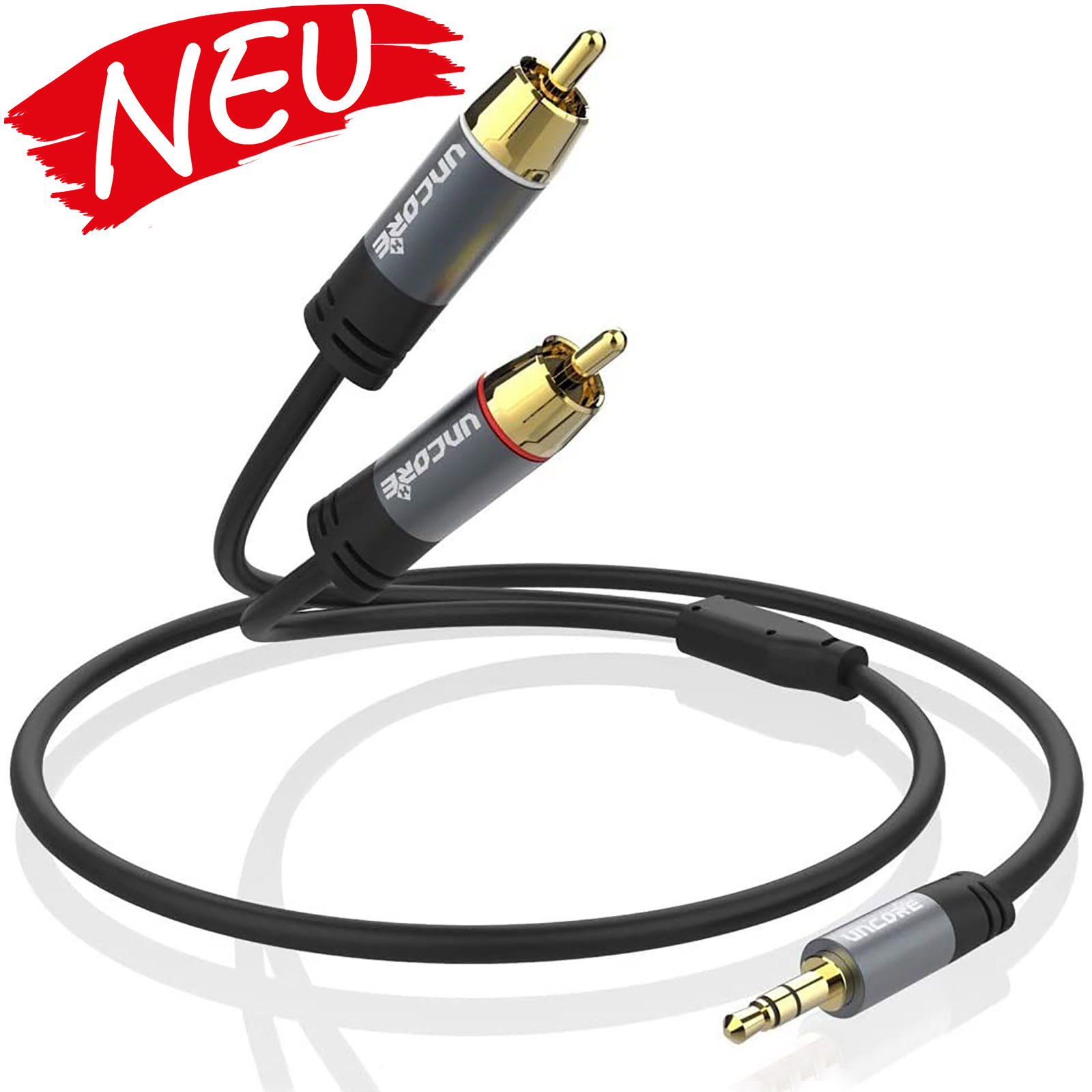 Uncorex  Cinch Kabel 3,5mm Klinke auf 2X RCA Chinch Stecker Y Splitter Cinch auf Klinke Stereo Audio Aux Kabel (24K Vergoldet) - 1M