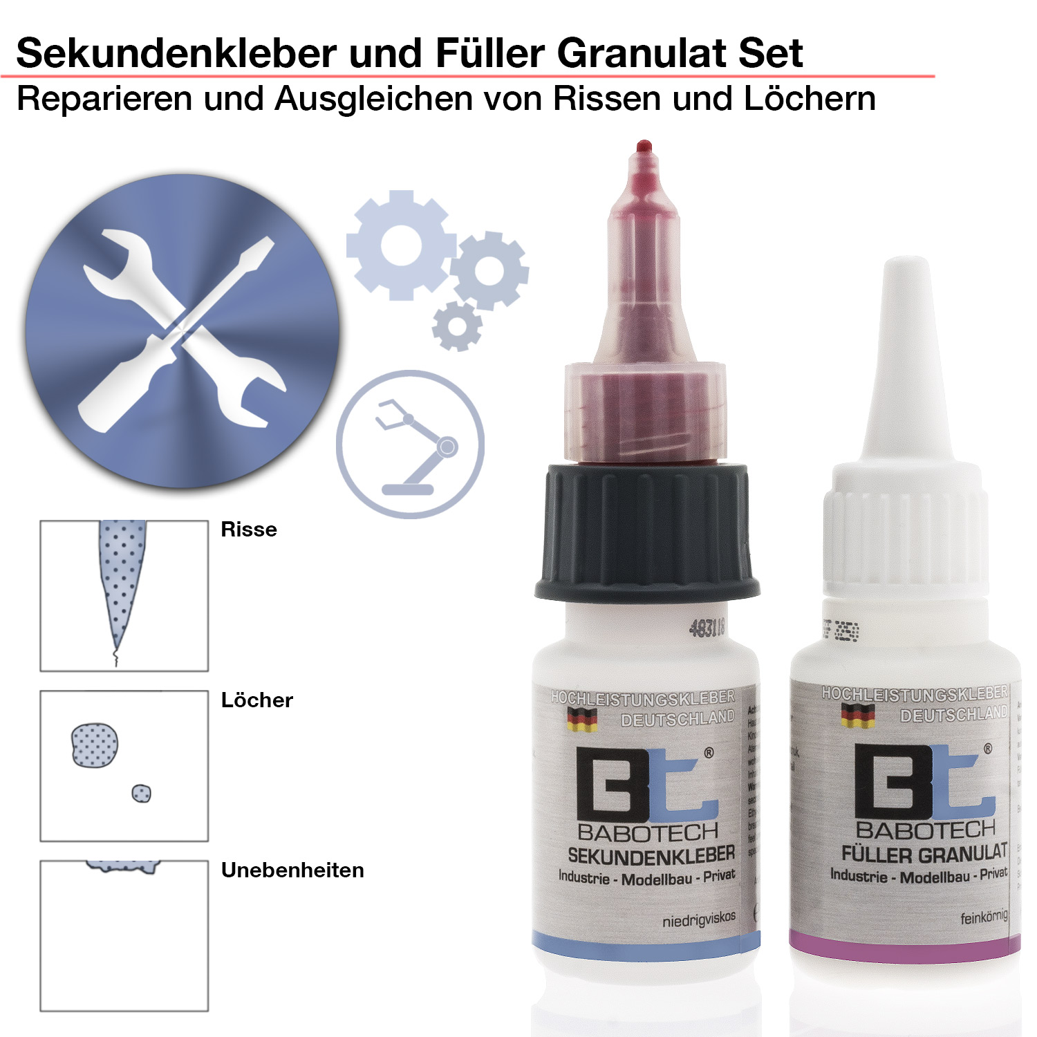 Kleber-Set: Sekundenkleber mit Dosierspitze   Füller Granulat